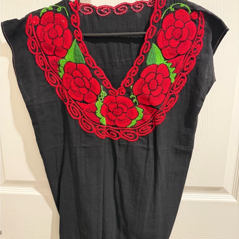 Embroidered Black Top with Red Floral Design